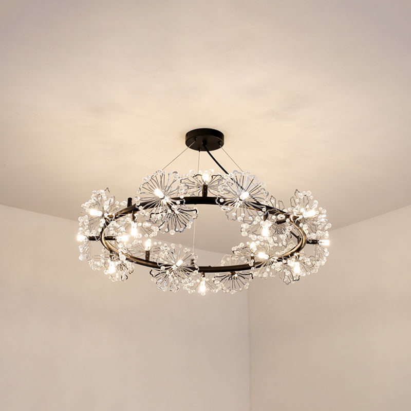 15 Heads Flower Circle Chandelier Modernist Black Crystal Pendant Light Fixture for Living Room Clearhalo 'Ceiling Lights' 'Chandeliers' 'Modern Chandeliers' 'Modern' Lighting' 862747