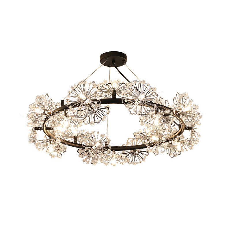 15 Heads Flower Circle Chandelier Modernist Black Crystal Pendant Light Fixture for Living Room Clearhalo 'Ceiling Lights' 'Chandeliers' 'Modern Chandeliers' 'Modern' Lighting' 862748