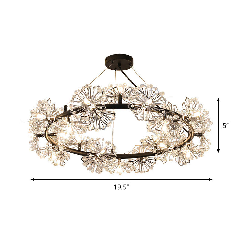 15 Heads Flower Circle Chandelier Modernist Black Crystal Pendant Light Fixture for Living Room Clearhalo 'Ceiling Lights' 'Chandeliers' 'Modern Chandeliers' 'Modern' Lighting' 862749