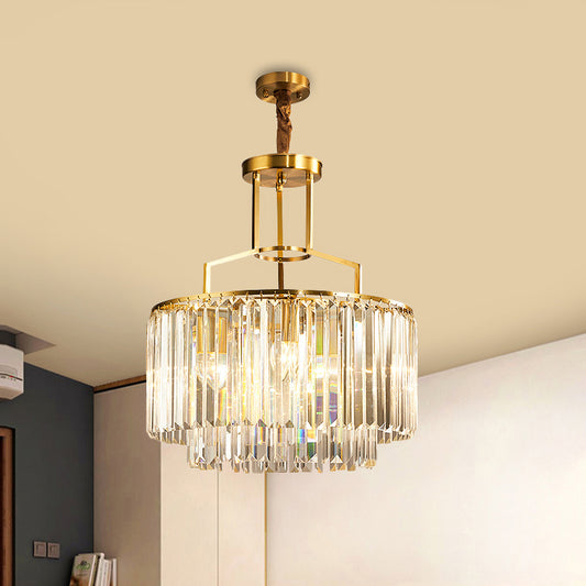 Prismatic Crystal Brass Chandelier 2-Layer Drum 3 Bulbs Modern Hanging Light Fixture Brass Clearhalo 'Ceiling Lights' 'Chandeliers' 'Modern Chandeliers' 'Modern' Lighting' 862750