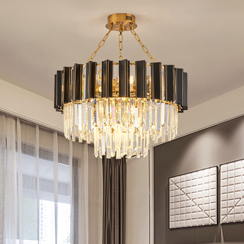 3 Tiers Tapered Bedroom Hanging Pendant Modernism Crystal Prism 9-Light Black and Gold Chandelier Black-Gold Clearhalo 'Ceiling Lights' 'Chandeliers' 'Modern Chandeliers' 'Modern' Lighting' 862754