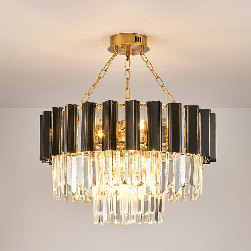 3 Tiers Tapered Bedroom Hanging Pendant Modernism Crystal Prism 9-Light Black and Gold Chandelier Clearhalo 'Ceiling Lights' 'Chandeliers' 'Modern Chandeliers' 'Modern' Lighting' 862755