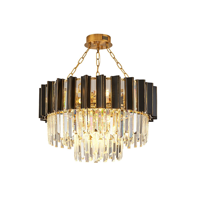 3 Tiers Tapered Bedroom Hanging Pendant Modernism Crystal Prism 9-Light Black and Gold Chandelier Clearhalo 'Ceiling Lights' 'Chandeliers' 'Modern Chandeliers' 'Modern' Lighting' 862756