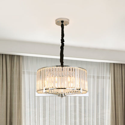 Modern Drum Ceiling Chandelier 5/6-Head Prismatic Crystal Suspension Light over Table 5 Clear Clearhalo 'Ceiling Lights' 'Chandeliers' 'Clear' 'Industrial' 'Modern Chandeliers' 'Modern' 'Tiffany' 'Traditional Chandeliers' Lighting' 862762