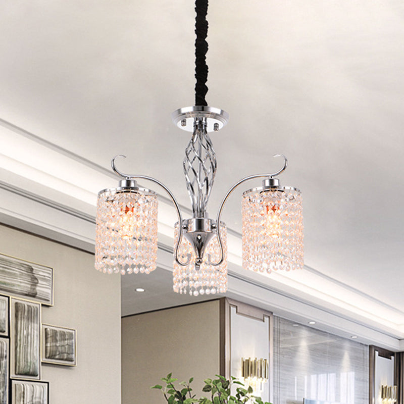 Chrome 3/5-Head Hanging Pendant Light Modern Crystal Strand Cylindrical Chandelier Lamp 3 Chrome Clearhalo 'Ceiling Lights' 'Chandeliers' 'Modern Chandeliers' 'Modern' Lighting' 862780