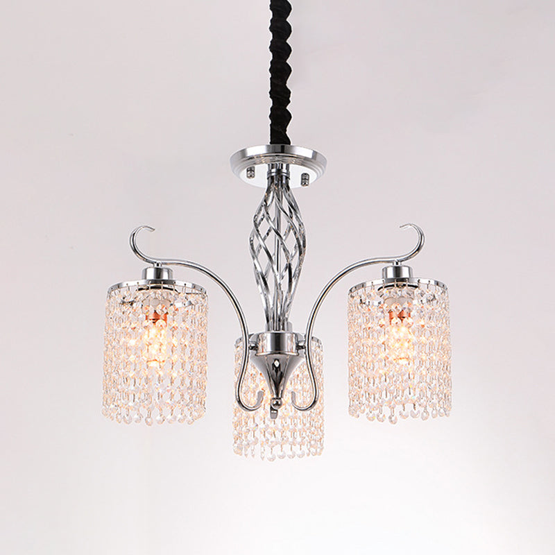 Chrome 3/5-Head Hanging Pendant Light Modern Crystal Strand Cylindrical Chandelier Lamp Clearhalo 'Ceiling Lights' 'Chandeliers' 'Modern Chandeliers' 'Modern' Lighting' 862782