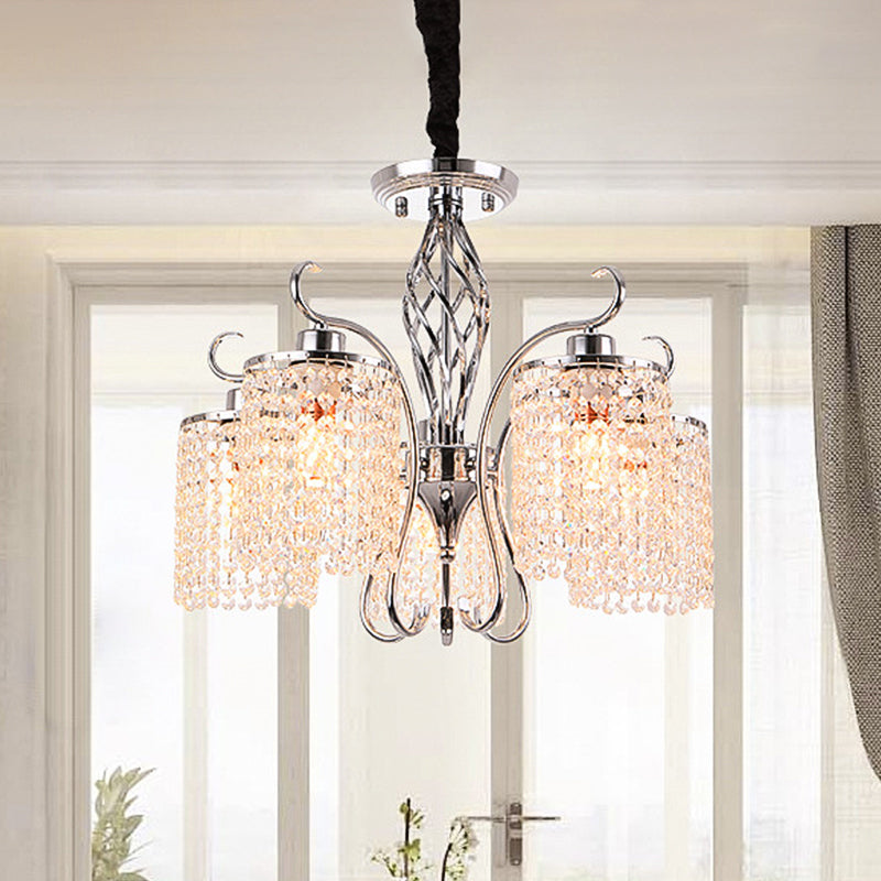 Chrome 3/5-Head Hanging Pendant Light Modern Crystal Strand Cylindrical Chandelier Lamp 5 Chrome Clearhalo 'Ceiling Lights' 'Chandeliers' 'Modern Chandeliers' 'Modern' Lighting' 862784