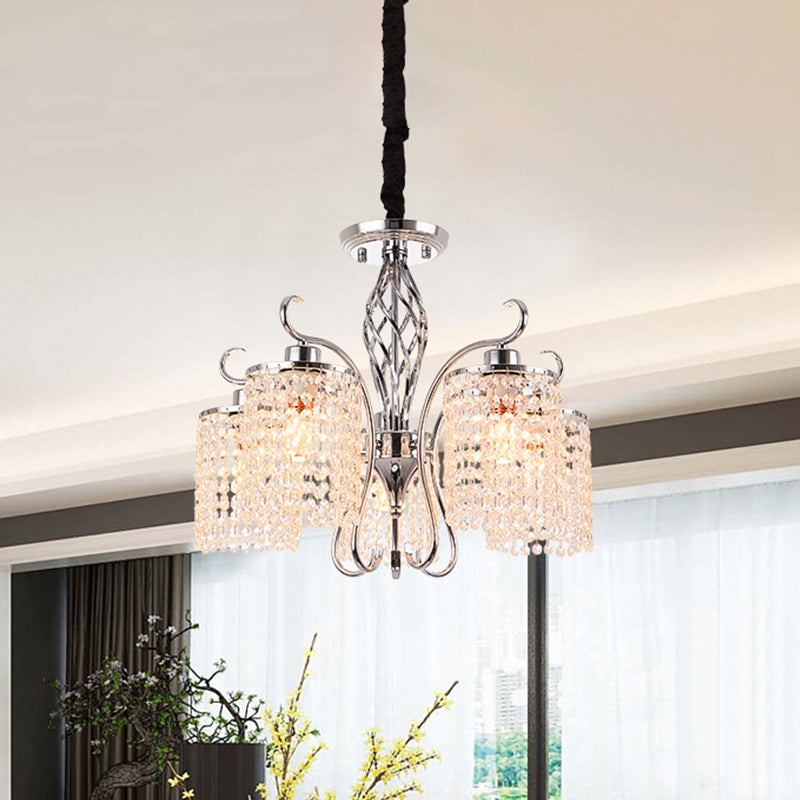 Chrome 3/5-Head Hanging Pendant Light Modern Crystal Strand Cylindrical Chandelier Lamp Clearhalo 'Ceiling Lights' 'Chandeliers' 'Modern Chandeliers' 'Modern' Lighting' 862785