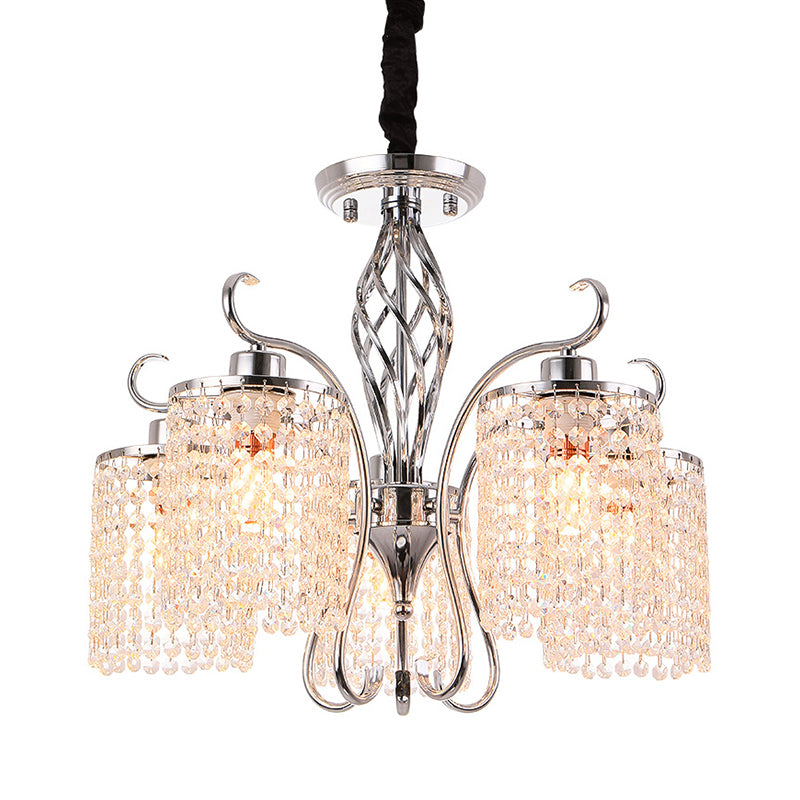 Chrome 3/5-Head Hanging Pendant Light Modern Crystal Strand Cylindrical Chandelier Lamp Clearhalo 'Ceiling Lights' 'Chandeliers' 'Modern Chandeliers' 'Modern' Lighting' 862787