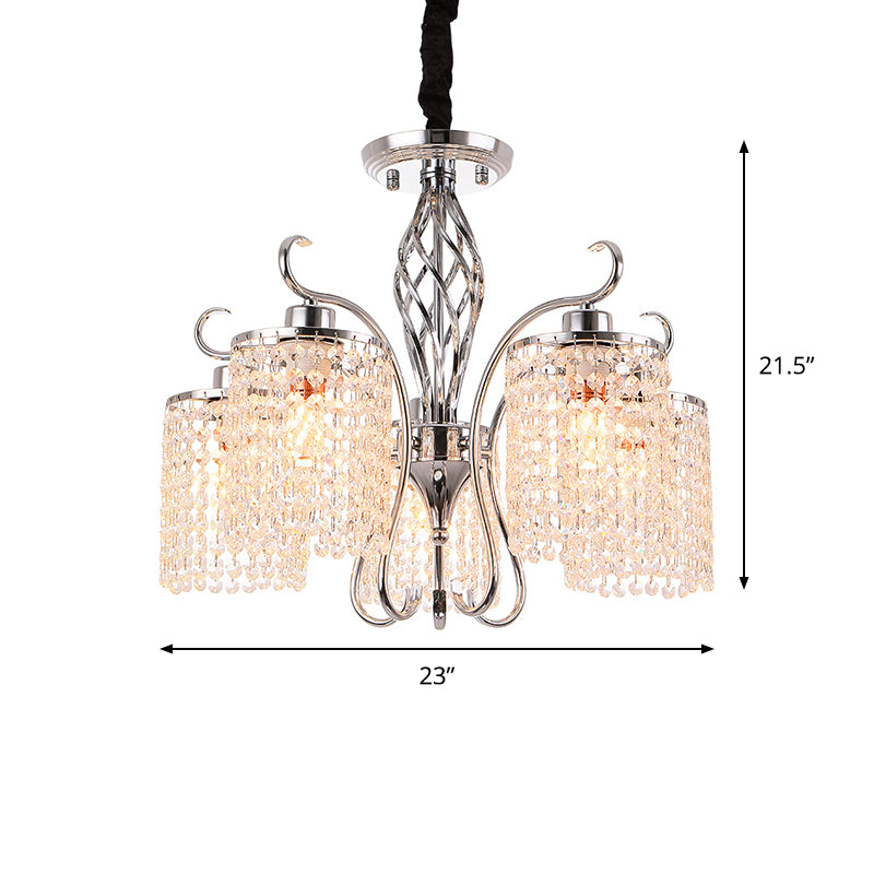 Chrome 3/5-Head Hanging Pendant Light Modern Crystal Strand Cylindrical Chandelier Lamp Clearhalo 'Ceiling Lights' 'Chandeliers' 'Modern Chandeliers' 'Modern' Lighting' 862788