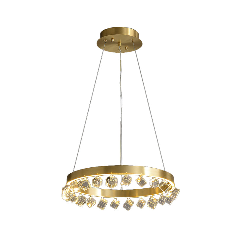 Loop Kitchen Dinette Chandelier Minimalistic Metal Gold Finish LED Pendant Light with Dangling Crystal Cube Clearhalo 'Ceiling Lights' 'Chandeliers' 'Modern Chandeliers' 'Modern' Lighting' 862795