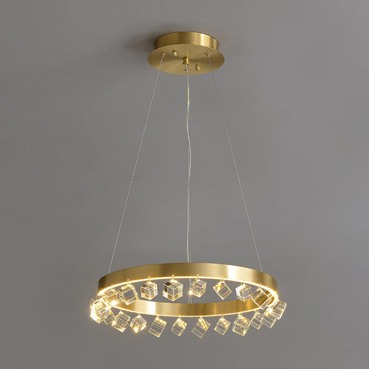 Loop Kitchen Dinette Chandelier Minimalistic Metal Gold Finish LED Pendant Light with Dangling Crystal Cube Clearhalo 'Ceiling Lights' 'Chandeliers' 'Modern Chandeliers' 'Modern' Lighting' 862796