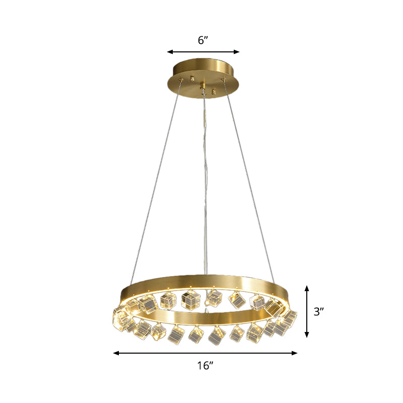 Loop Kitchen Dinette Chandelier Minimalistic Metal Gold Finish LED Pendant Light with Dangling Crystal Cube Clearhalo 'Ceiling Lights' 'Chandeliers' 'Modern Chandeliers' 'Modern' Lighting' 862797