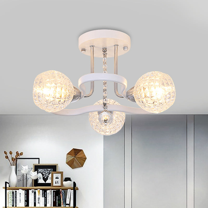 Clear Lattice Glass Ball Semi Flush Modernism 3/5 Lights Bedroom Ceiling Mounted Light in White 3 White Clearhalo 'Ceiling Lights' 'Close To Ceiling Lights' 'Close to ceiling' 'Glass shade' 'Glass' 'Semi-flushmount' Lighting' 862806