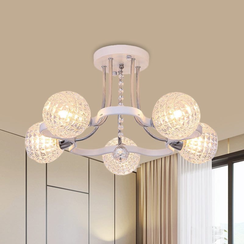 Clear Lattice Glass Ball Semi Flush Modernism 3/5 Lights Bedroom Ceiling Mounted Light in White 5 White Clearhalo 'Ceiling Lights' 'Close To Ceiling Lights' 'Close to ceiling' 'Glass shade' 'Glass' 'Semi-flushmount' Lighting' 862810