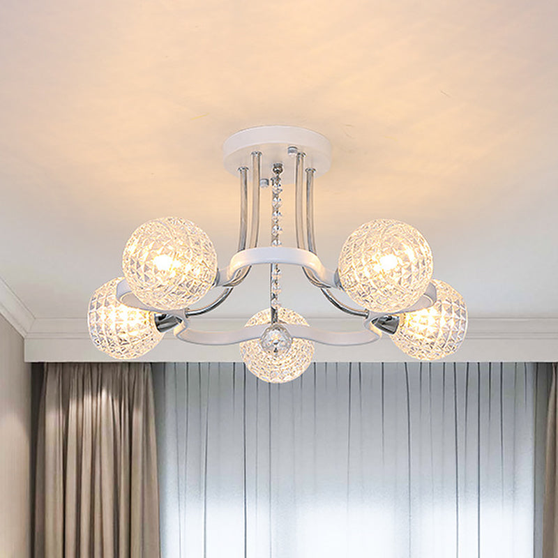 Clear Lattice Glass Ball Semi Flush Modernism 3/5 Lights Bedroom Ceiling Mounted Light in White Clearhalo 'Ceiling Lights' 'Close To Ceiling Lights' 'Close to ceiling' 'Glass shade' 'Glass' 'Semi-flushmount' Lighting' 862811