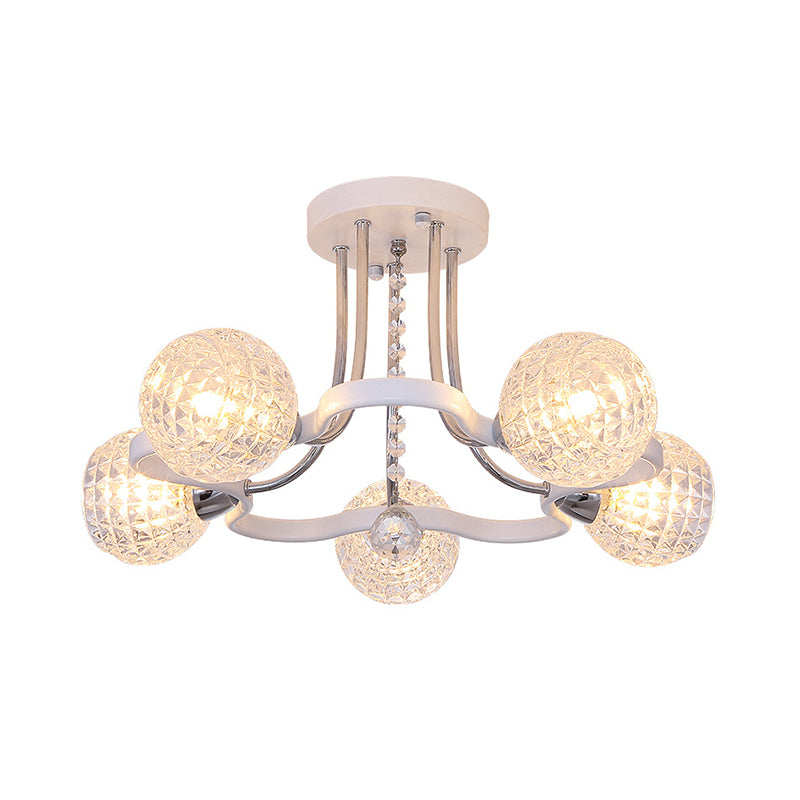 Clear Lattice Glass Ball Semi Flush Modernism 3/5 Lights Bedroom Ceiling Mounted Light in White Clearhalo 'Ceiling Lights' 'Close To Ceiling Lights' 'Close to ceiling' 'Glass shade' 'Glass' 'Semi-flushmount' Lighting' 862813