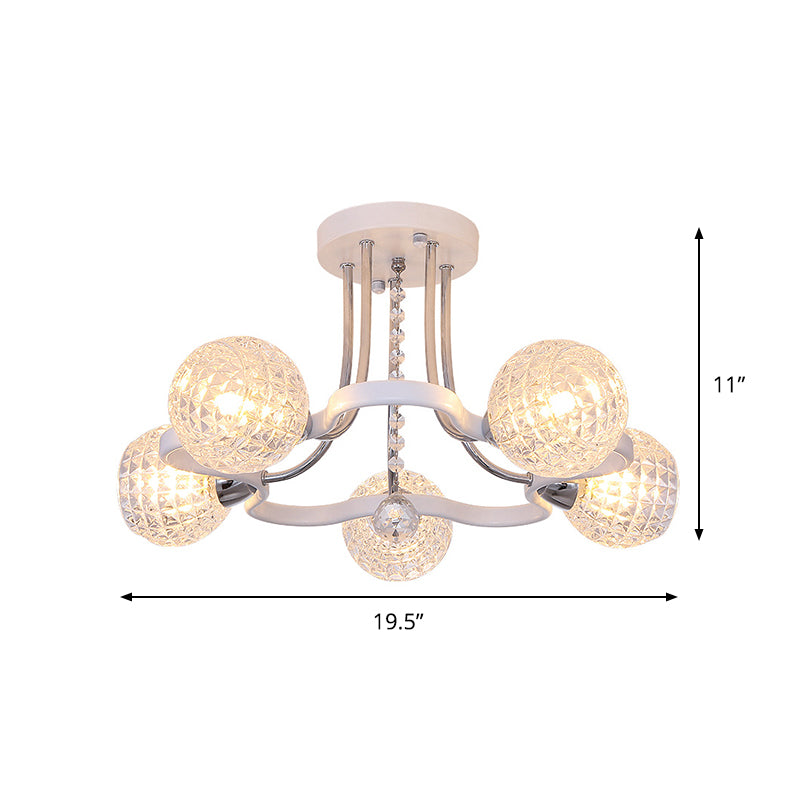 Clear Lattice Glass Ball Semi Flush Modernism 3/5 Lights Bedroom Ceiling Mounted Light in White Clearhalo 'Ceiling Lights' 'Close To Ceiling Lights' 'Close to ceiling' 'Glass shade' 'Glass' 'Semi-flushmount' Lighting' 862814