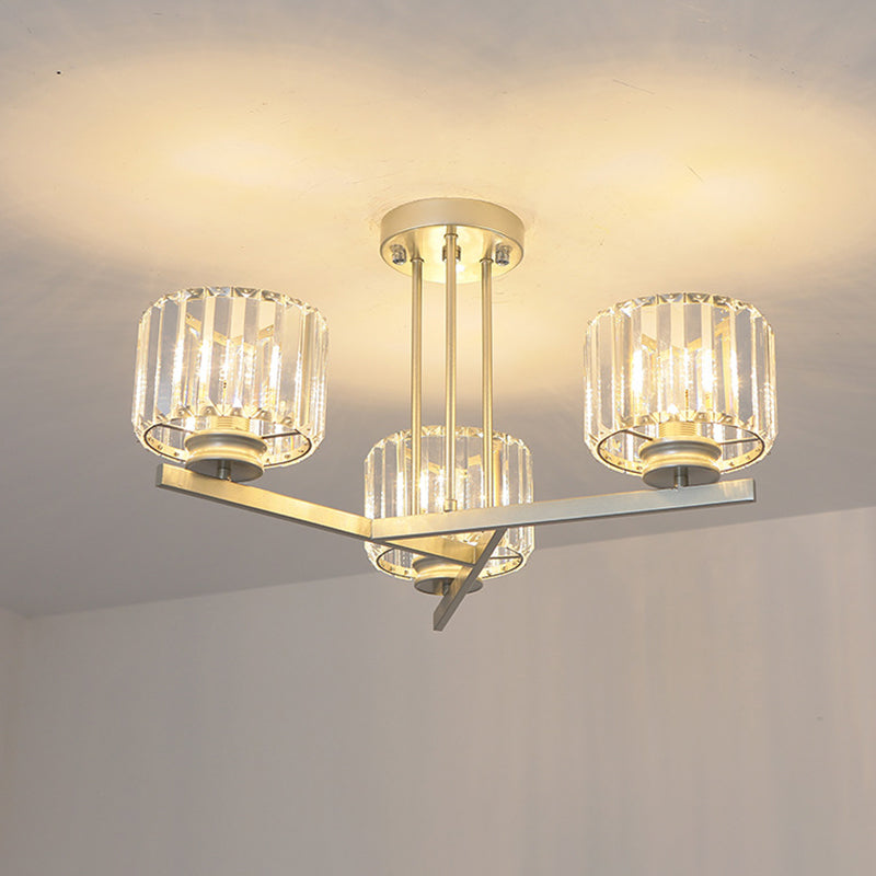 Gold 3/4-Light Semi Mount Lighting Modern Crystal Prism Short Cylinder Ceiling Flush Light Clearhalo 'Ceiling Lights' 'Close To Ceiling Lights' 'Close to ceiling' 'Semi-flushmount' Lighting' 862837