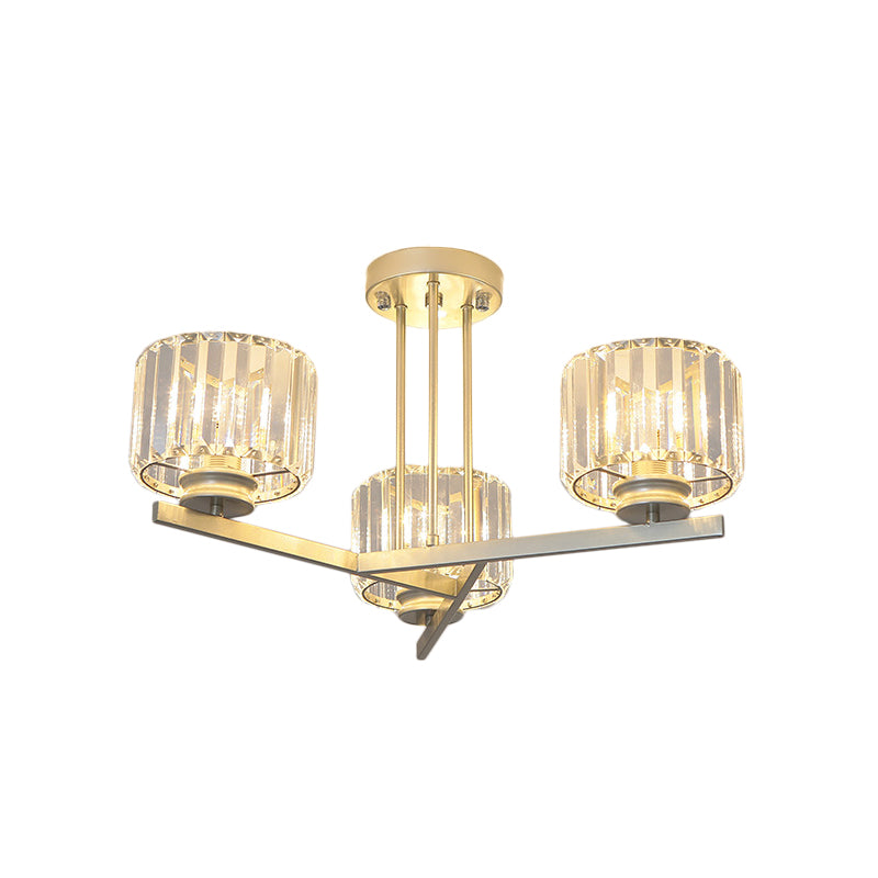 Gold 3/4-Light Semi Mount Lighting Modern Crystal Prism Short Cylinder Ceiling Flush Light Clearhalo 'Ceiling Lights' 'Close To Ceiling Lights' 'Close to ceiling' 'Semi-flushmount' Lighting' 862838