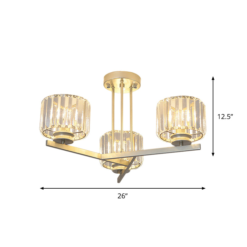 Gold 3/4-Light Semi Mount Lighting Modern Crystal Prism Short Cylinder Ceiling Flush Light Clearhalo 'Ceiling Lights' 'Close To Ceiling Lights' 'Close to ceiling' 'Semi-flushmount' Lighting' 862839