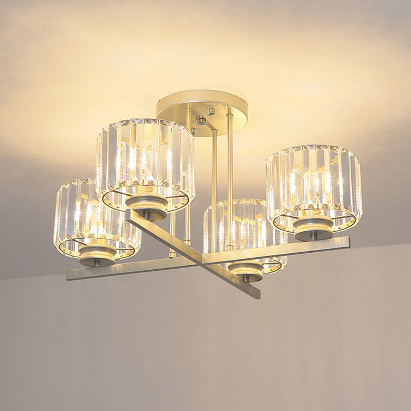 Gold 3/4-Light Semi Mount Lighting Modern Crystal Prism Short Cylinder Ceiling Flush Light Clearhalo 'Ceiling Lights' 'Close To Ceiling Lights' 'Close to ceiling' 'Semi-flushmount' Lighting' 862842