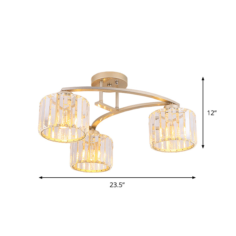 Gold V Arm Ceiling Mount Chandelier Postmodern Metal 3 Bulbs Restaurant Semi Flush Light with Crystal Shade Clearhalo 'Ceiling Lights' 'Close To Ceiling Lights' 'Close to ceiling' 'Semi-flushmount' Lighting' 862852