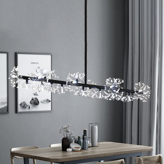 Iron Black Suspension Lamp Linear 19-Head Modern Island Pendant Light with Crystal Bead Flower Decor Black Clearhalo 'Ceiling Lights' 'Island Lights' Lighting' 863032