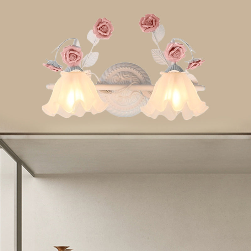 Ruffle Bathroom Wall Mount Light American Flower Frosted Glass 2/3-Head Pink/Blue Vanity Sconce Clearhalo 'Vanity Lights' 'Wall Lights' Lighting' 863064