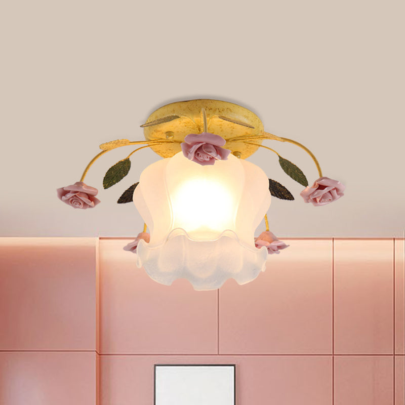 Flowerbud Cream Matte Glass Semi Flush Pastoral 1 Bulb Corridor Ceiling Mount Light in Yellow-Pink/White-Pink Yellow-Pink Clearhalo 'Ceiling Lights' 'Close To Ceiling Lights' 'Close to ceiling' 'Glass shade' 'Glass' 'Semi-flushmount' Lighting' 863081