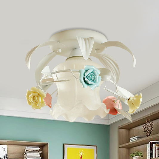 Single Flounce-Trim Semi Mount Lighting Korean Flower White/Green Frosted Glass Close to Ceiling Lamp White Clearhalo 'Ceiling Lights' 'Close To Ceiling Lights' 'Close to ceiling' 'Glass shade' 'Glass' 'Semi-flushmount' Lighting' 863093