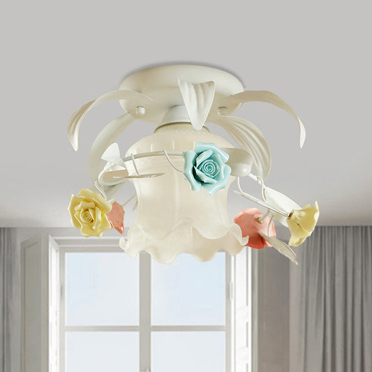 Single Flounce-Trim Semi Mount Lighting Korean Flower White/Green Frosted Glass Close to Ceiling Lamp Clearhalo 'Ceiling Lights' 'Close To Ceiling Lights' 'Close to ceiling' 'Glass shade' 'Glass' 'Semi-flushmount' Lighting' 863094