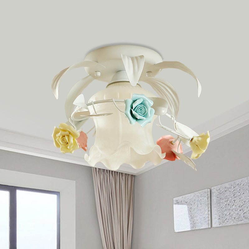 Single Flounce-Trim Semi Mount Lighting Korean Flower White/Green Frosted Glass Close to Ceiling Lamp Clearhalo 'Ceiling Lights' 'Close To Ceiling Lights' 'Close to ceiling' 'Glass shade' 'Glass' 'Semi-flushmount' Lighting' 863095