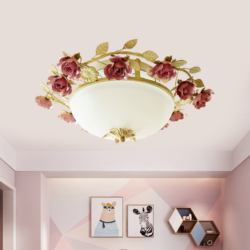 American Flower Bowl Ceiling Flush 3-Light Opal Frosted Glass Flushmount Lighting in Pink-Green, Small/Large Size Pink-Green Clearhalo 'Ceiling Lights' 'Close To Ceiling Lights' 'Close to ceiling' 'Flush mount' Lighting' 863122