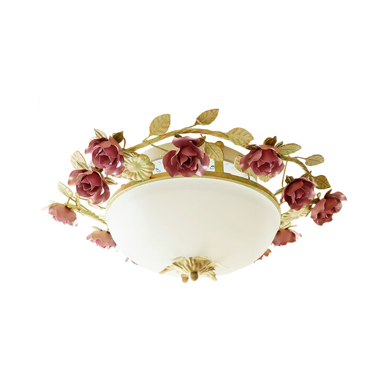 American Flower Bowl Ceiling Flush 3-Light Opal Frosted Glass Flushmount Lighting in Pink-Green, Small/Large Size Clearhalo 'Ceiling Lights' 'Close To Ceiling Lights' 'Close to ceiling' 'Flush mount' Lighting' 863123