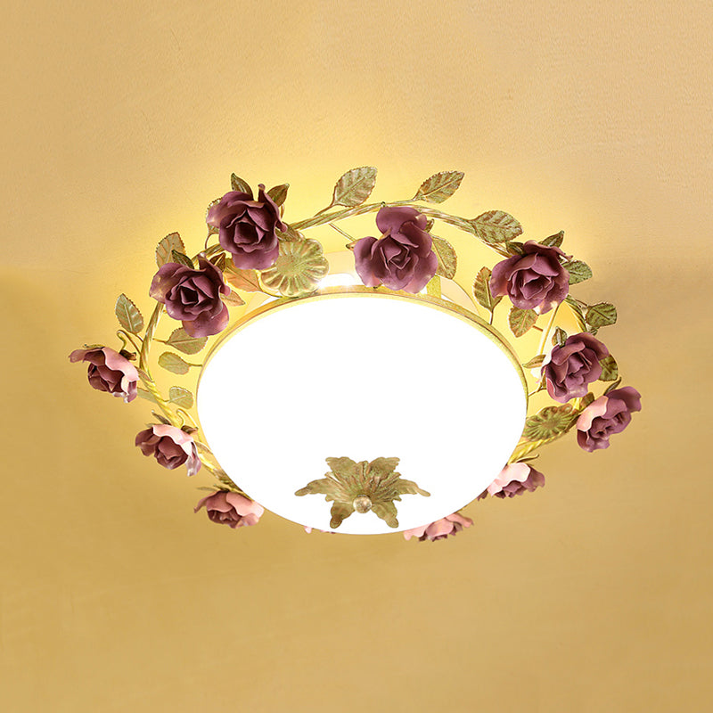 American Flower Bowl Ceiling Flush 3-Light Opal Frosted Glass Flushmount Lighting in Pink-Green, Small/Large Size Clearhalo 'Ceiling Lights' 'Close To Ceiling Lights' 'Close to ceiling' 'Flush mount' Lighting' 863124