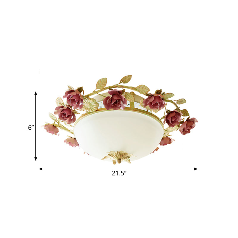 American Flower Bowl Ceiling Flush 3-Light Opal Frosted Glass Flushmount Lighting in Pink-Green, Small/Large Size Clearhalo 'Ceiling Lights' 'Close To Ceiling Lights' 'Close to ceiling' 'Flush mount' Lighting' 863125