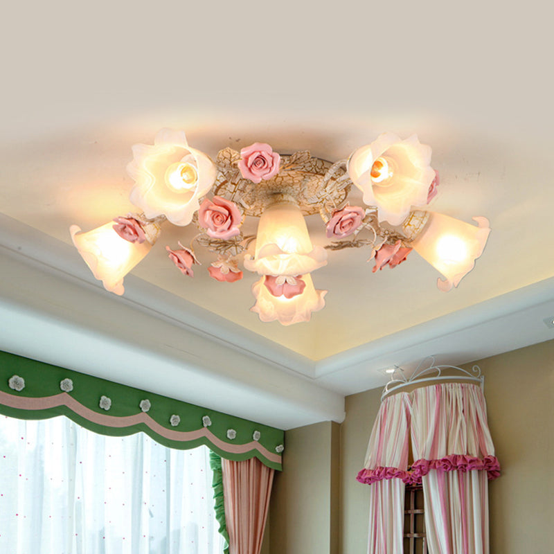 Pink 4/6 Heads Semi Flush Mount American Flower Milk Glass Morning Glory Ceiling Light Fixture Clearhalo 'Ceiling Lights' 'Close To Ceiling Lights' 'Close to ceiling' 'Glass shade' 'Glass' 'Semi-flushmount' Lighting' 863138