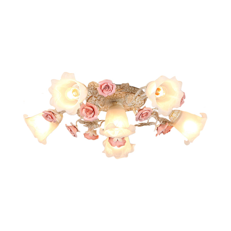 Pink 4/6 Heads Semi Flush Mount American Flower Milk Glass Morning Glory Ceiling Light Fixture Clearhalo 'Ceiling Lights' 'Close To Ceiling Lights' 'Close to ceiling' 'Glass shade' 'Glass' 'Semi-flushmount' Lighting' 863139