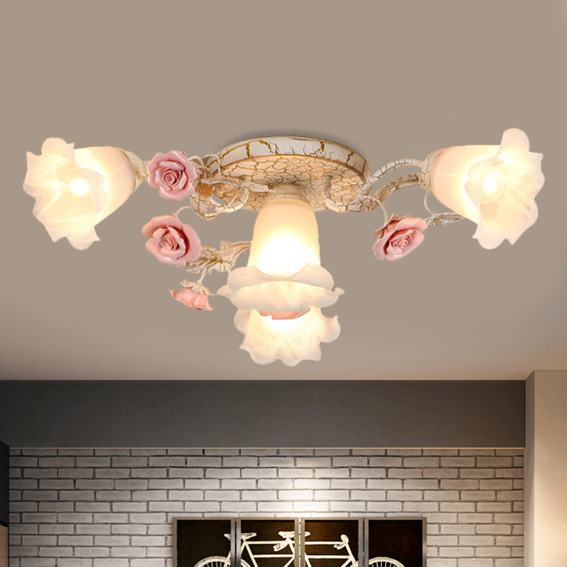 Pink 4/6 Heads Semi Flush Mount American Flower Milk Glass Morning Glory Ceiling Light Fixture 4 Pink Clearhalo 'Ceiling Lights' 'Close To Ceiling Lights' 'Close to ceiling' 'Glass shade' 'Glass' 'Semi-flushmount' Lighting' 863141