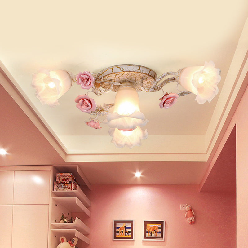 Pink 4/6 Heads Semi Flush Mount American Flower Milk Glass Morning Glory Ceiling Light Fixture Clearhalo 'Ceiling Lights' 'Close To Ceiling Lights' 'Close to ceiling' 'Glass shade' 'Glass' 'Semi-flushmount' Lighting' 863142