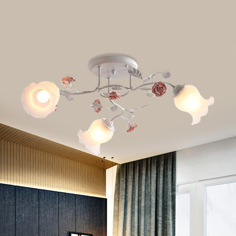Frosted Glass Bud Semi Flush Chandelier Countryside 3/5/9-Bulb Dining Room Ceiling Mount Lamp in Pink/Blue/Blue-White 3 Pink Clearhalo 'Ceiling Lights' 'Close To Ceiling Lights' 'Close to ceiling' 'Glass shade' 'Glass' 'Semi-flushmount' Lighting' 863155