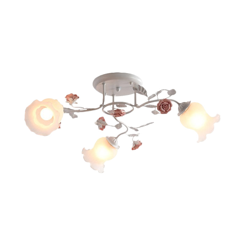 Frosted Glass Bud Semi Flush Chandelier Countryside 3/5/9-Bulb Dining Room Ceiling Mount Lamp in Pink/Blue/Blue-White Clearhalo 'Ceiling Lights' 'Close To Ceiling Lights' 'Close to ceiling' 'Glass shade' 'Glass' 'Semi-flushmount' Lighting' 863157