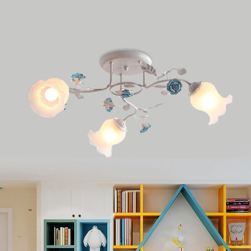 Frosted Glass Bud Semi Flush Chandelier Countryside 3/5/9-Bulb Dining Room Ceiling Mount Lamp in Pink/Blue/Blue-White Clearhalo 'Ceiling Lights' 'Close To Ceiling Lights' 'Close to ceiling' 'Glass shade' 'Glass' 'Semi-flushmount' Lighting' 863160