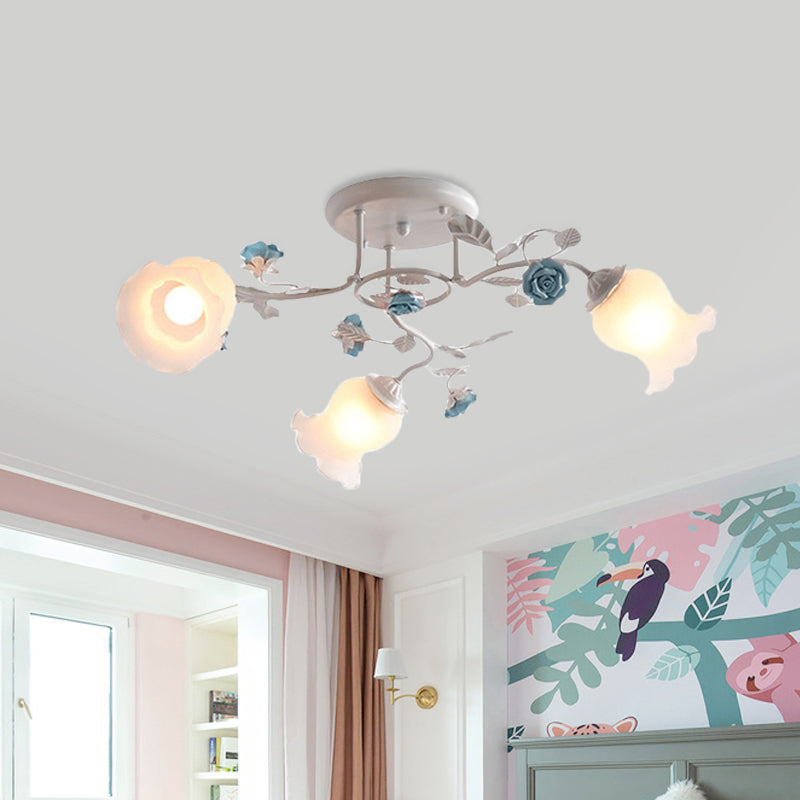 Frosted Glass Bud Semi Flush Chandelier Countryside 3/5/9-Bulb Dining Room Ceiling Mount Lamp in Pink/Blue/Blue-White Clearhalo 'Ceiling Lights' 'Close To Ceiling Lights' 'Close to ceiling' 'Glass shade' 'Glass' 'Semi-flushmount' Lighting' 863161