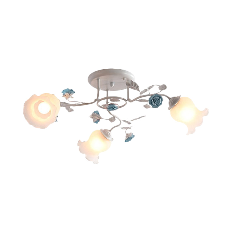 Frosted Glass Bud Semi Flush Chandelier Countryside 3/5/9-Bulb Dining Room Ceiling Mount Lamp in Pink/Blue/Blue-White Clearhalo 'Ceiling Lights' 'Close To Ceiling Lights' 'Close to ceiling' 'Glass shade' 'Glass' 'Semi-flushmount' Lighting' 863162