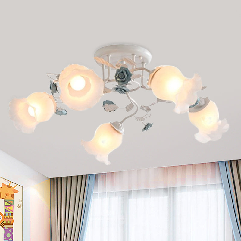 Frosted Glass Bud Semi Flush Chandelier Countryside 3/5/9-Bulb Dining Room Ceiling Mount Lamp in Pink/Blue/Blue-White 5 Blue Clearhalo 'Ceiling Lights' 'Close To Ceiling Lights' 'Close to ceiling' 'Glass shade' 'Glass' 'Semi-flushmount' Lighting' 863163