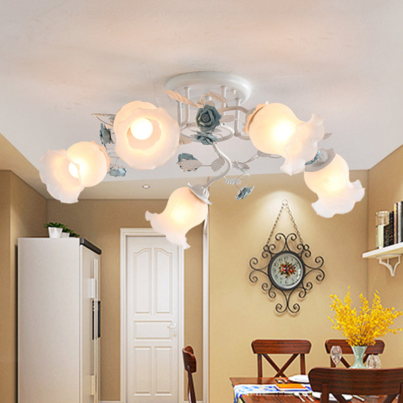 Frosted Glass Bud Semi Flush Chandelier Countryside 3/5/9-Bulb Dining Room Ceiling Mount Lamp in Pink/Blue/Blue-White Clearhalo 'Ceiling Lights' 'Close To Ceiling Lights' 'Close to ceiling' 'Glass shade' 'Glass' 'Semi-flushmount' Lighting' 863165