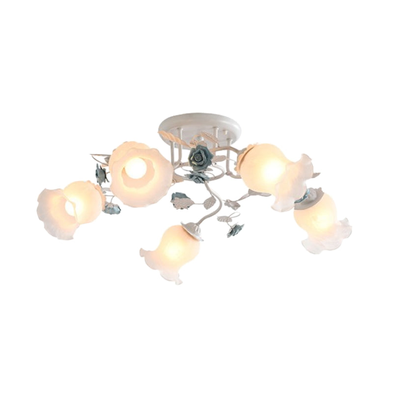 Frosted Glass Bud Semi Flush Chandelier Countryside 3/5/9-Bulb Dining Room Ceiling Mount Lamp in Pink/Blue/Blue-White Clearhalo 'Ceiling Lights' 'Close To Ceiling Lights' 'Close to ceiling' 'Glass shade' 'Glass' 'Semi-flushmount' Lighting' 863166