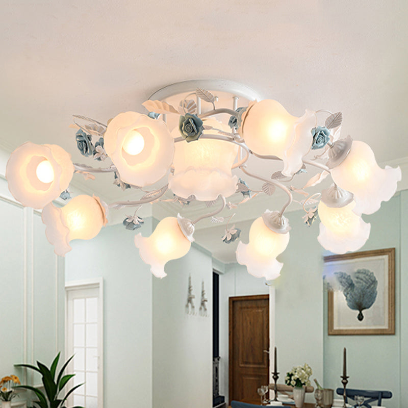 Frosted Glass Bud Semi Flush Chandelier Countryside 3/5/9-Bulb Dining Room Ceiling Mount Lamp in Pink/Blue/Blue-White 9 Blue Clearhalo 'Ceiling Lights' 'Close To Ceiling Lights' 'Close to ceiling' 'Glass shade' 'Glass' 'Semi-flushmount' Lighting' 863168